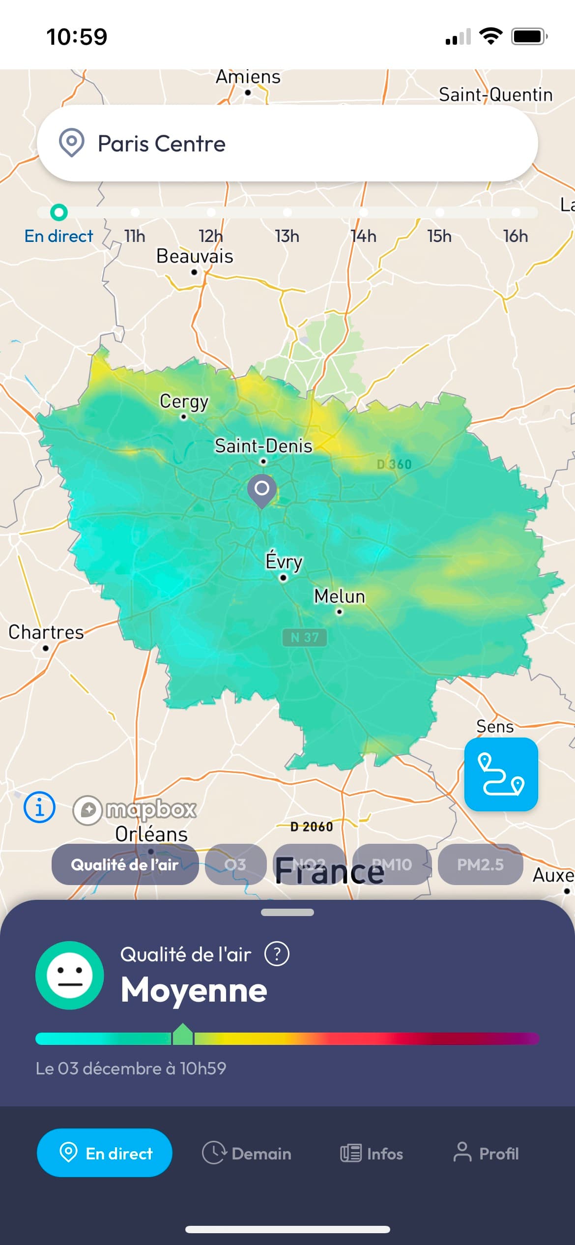 Écran de l’application AirParif : données en temps réel et lecture simplifiée