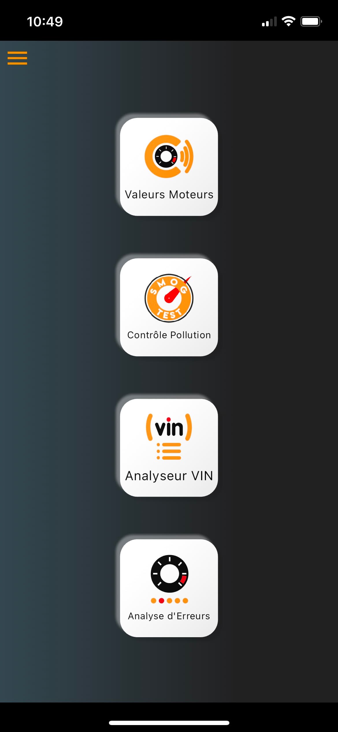 Écran CHKOBD : connexion Bluetooth BLE et sélection du véhicule