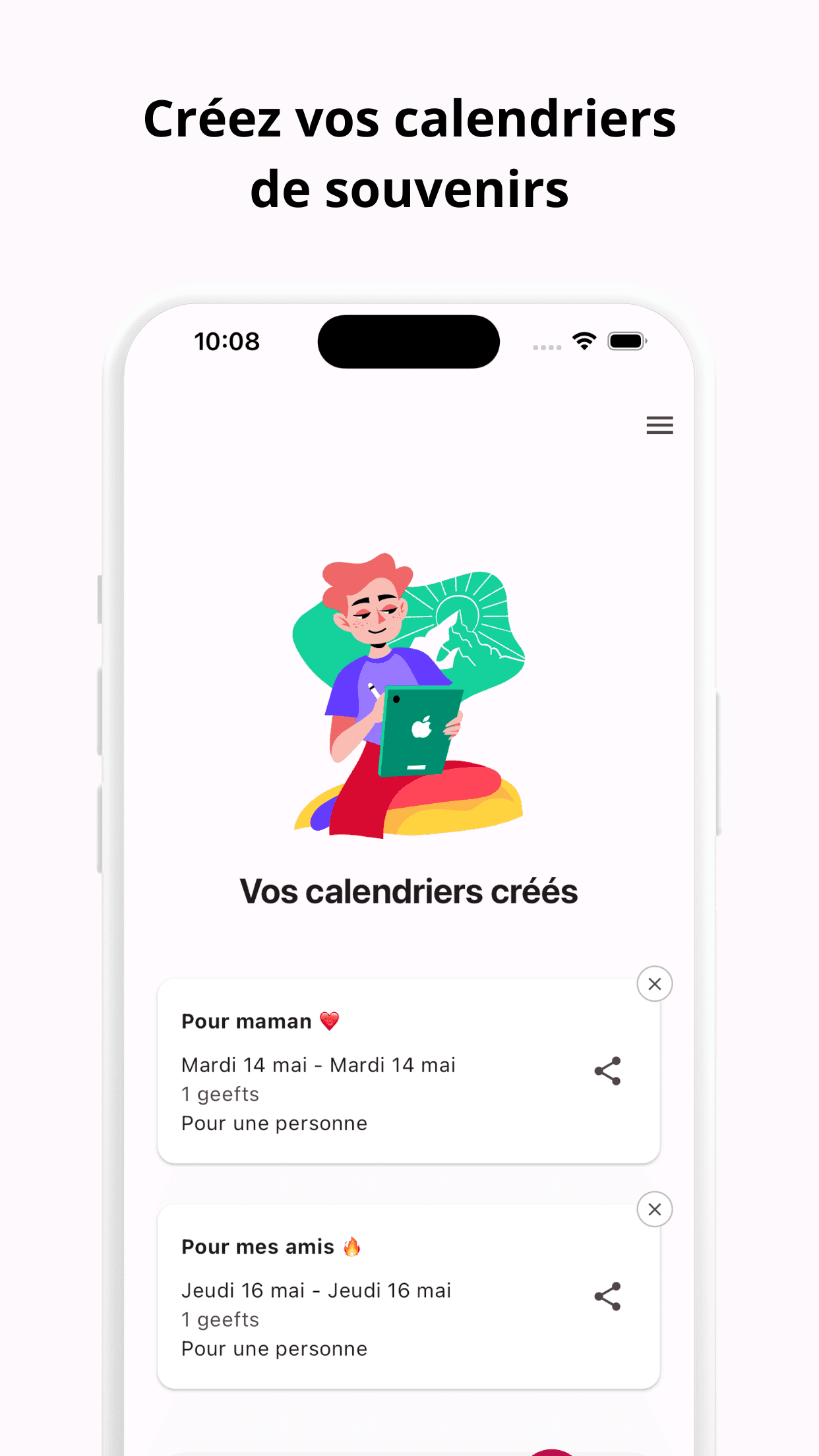 Écran de l’application Geefty : expérience de calendrier de l’avent sur iOS