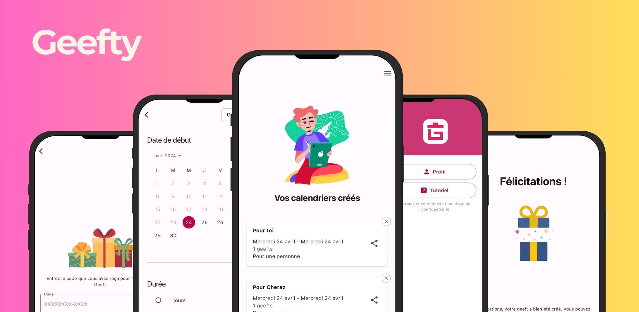 Aperçu de l’application mobile Geefty : calendrier de l’avent numérique et parcours d’achat